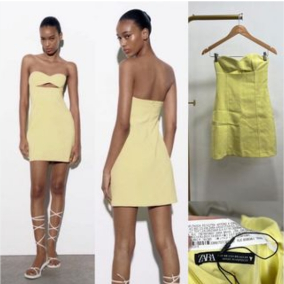 NWT Zara Yellow Strapless Mini Dress with cut outs sz small - Picture 2 of 8